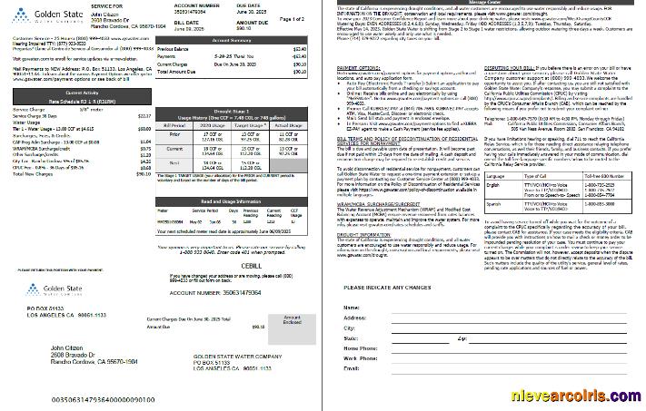 USA Golden State Water Company utility bill, 2 pages